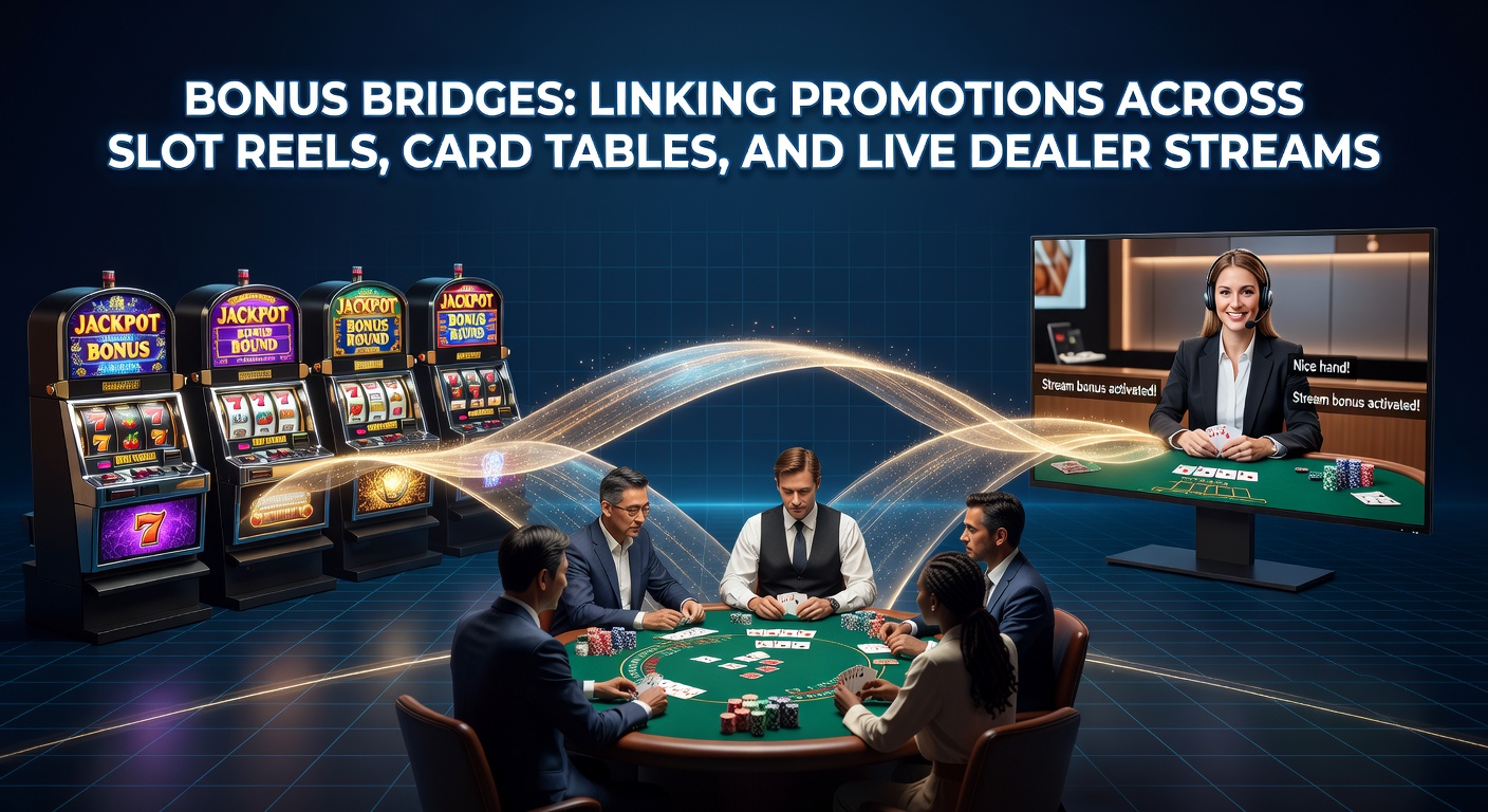 Grafik zeigt vernetzte Casino-Spiele mit Bonus-Symbolen über Slots, Blackjack-Tischen und Live-Streams
