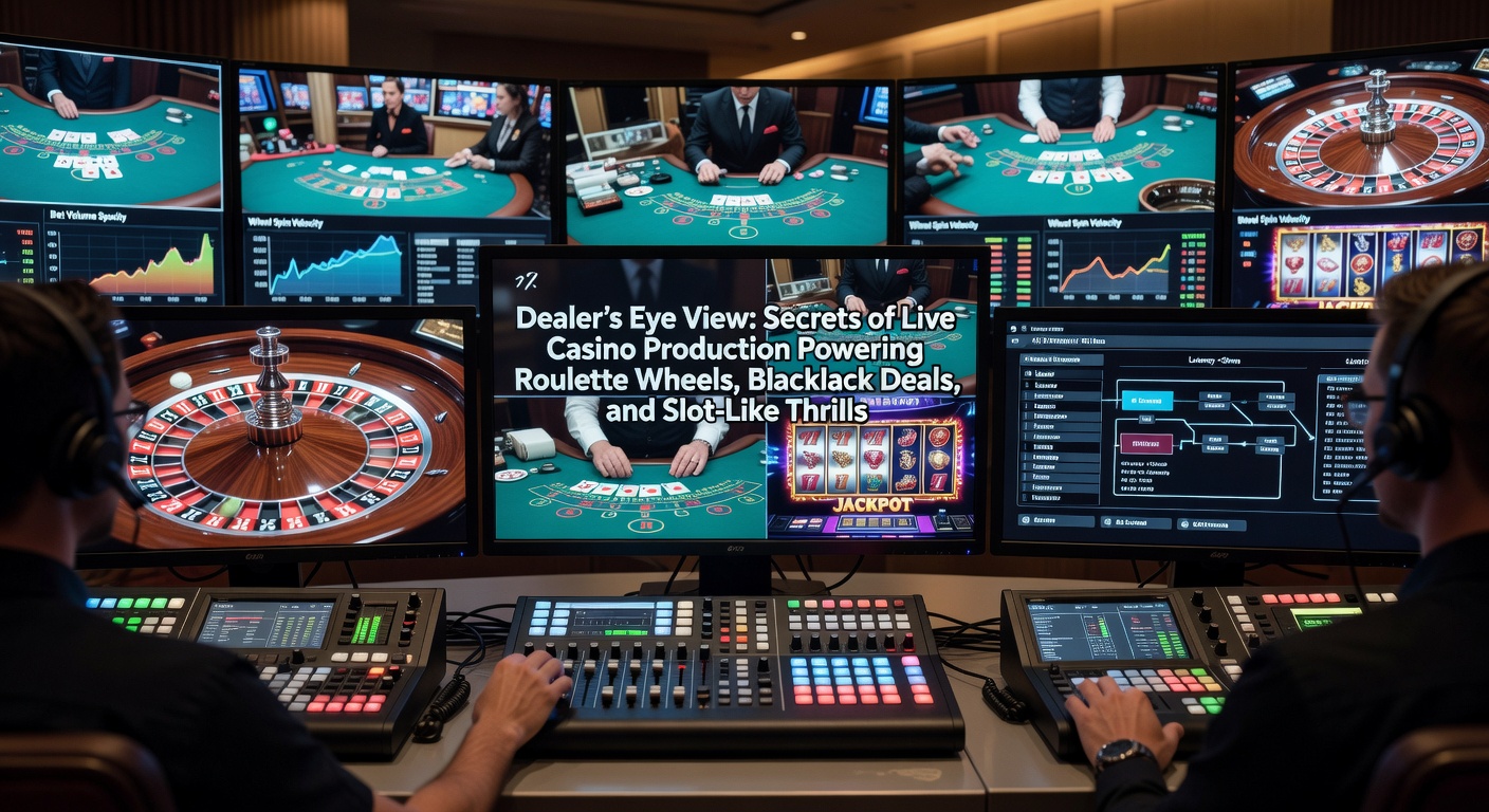Ein Dealer in Aktion bei einem Live-Roulette-Tisch, umgeben von hochauflösenden Kameras und Studio-Technik