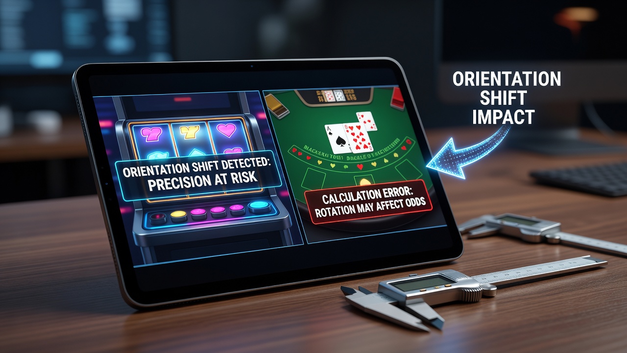 Handheld-Gerät wechselt zwischen Hoch- und Querformat während laufender Casino-Spiele mit sichtbaren Slot- und Blackjack-Elementen