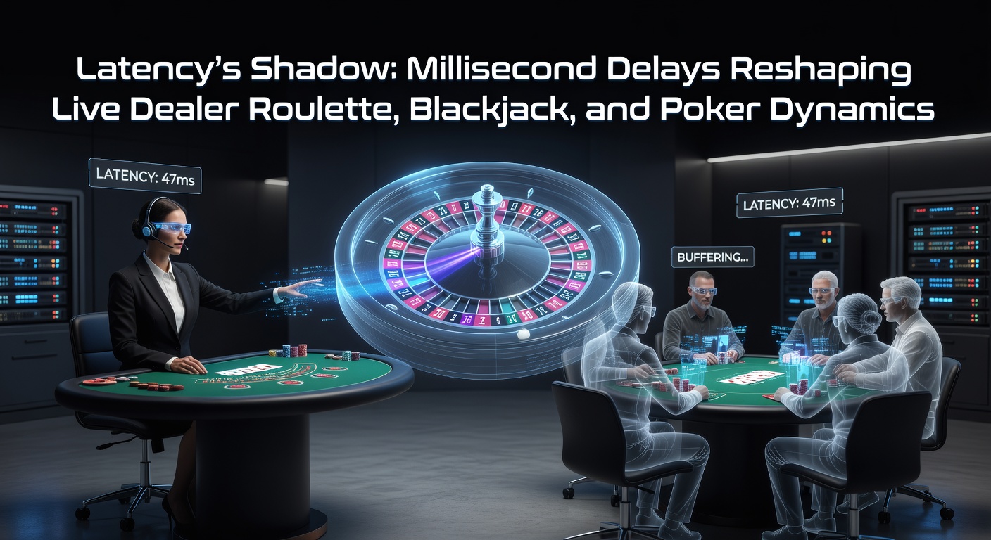 Live-Dealer-Tisch mit Roulette-Rad und digitalen Überlagerungen, die Latenz-Effekte visualisieren