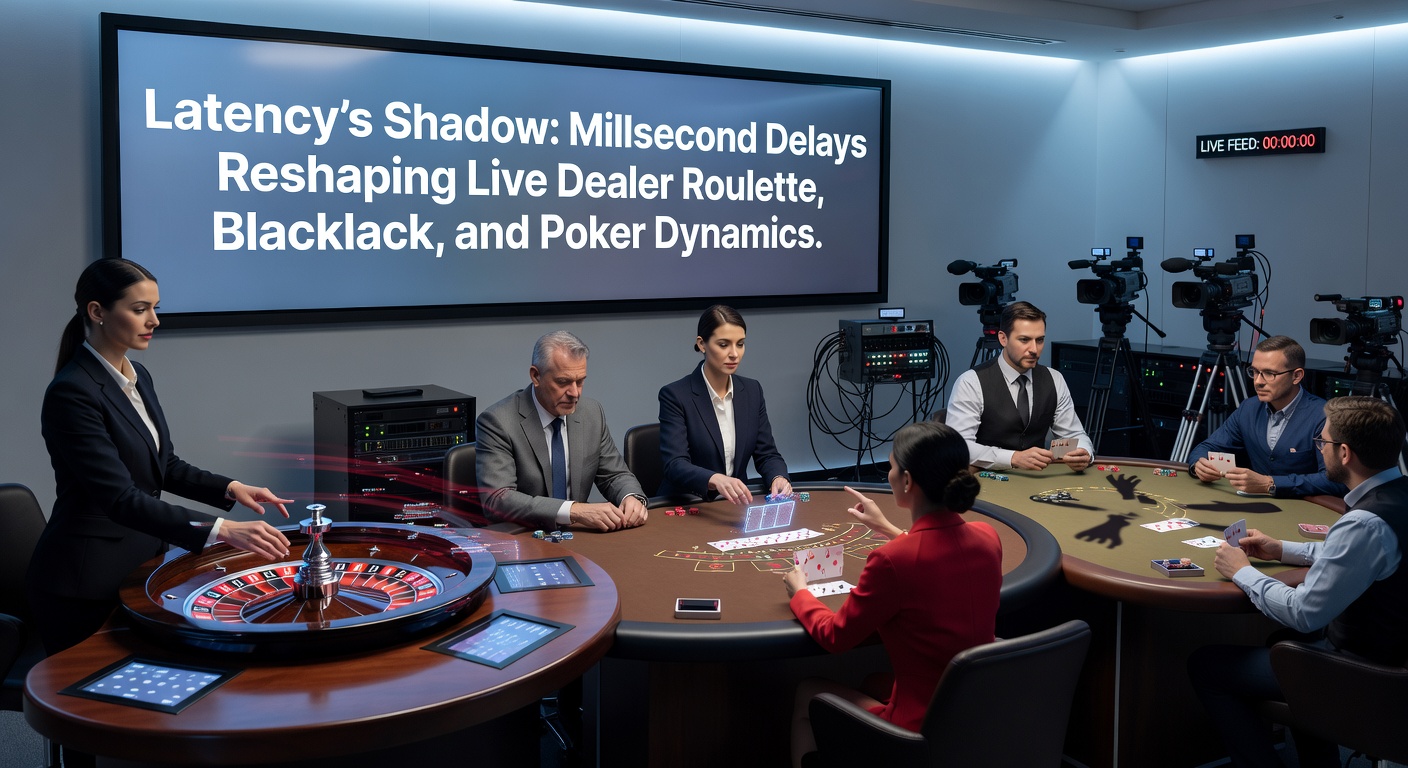 Nahaufnahme eines Blackjack-Tisches mit Dealer und Spielkarten, überlagert mit Latenz-Indikatoren und Netzwerk-Signalen