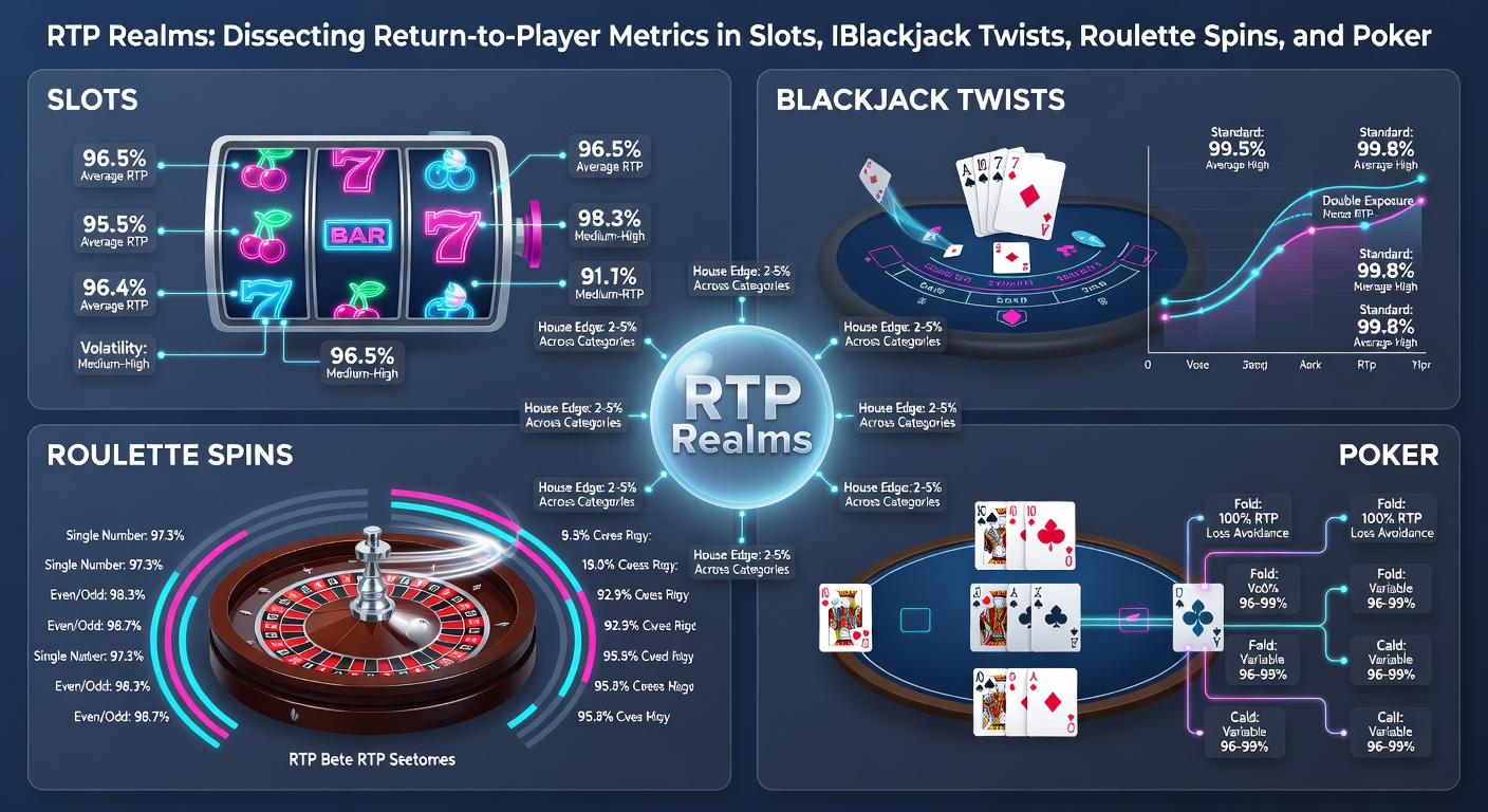 Vergleichstabelle mit RTP-Werten für Roulette, Poker und Slots, ergänzt durch Balkendiagramme und Casino-Chips